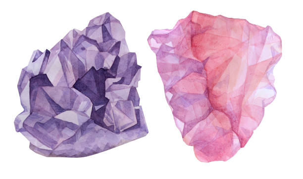 Watercolor illustrations of an Amethyst crystal cluster and a pink crystal.