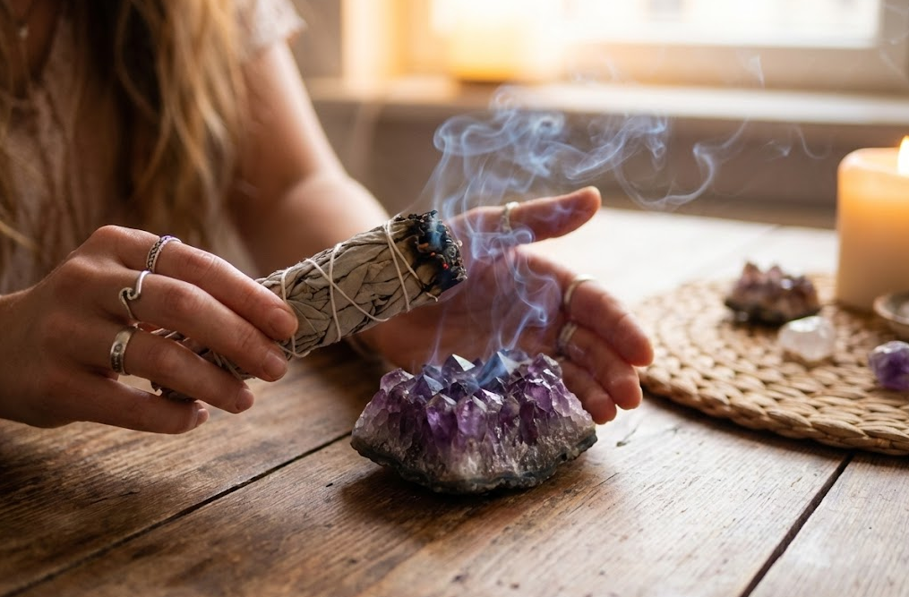Smudging amethyst crystal cluster with white sage smoke for energetic cleansing