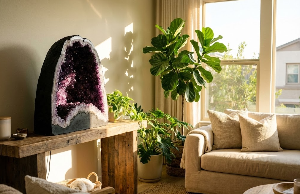 Large amethyst geode money bag placed in living room wealth corner for Feng Shui