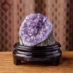 One-of-a-kind horizontal deep purple amethyst cave with an upward-facing treasure bowl shape on a custom wood stand, specimen number 6