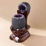 One-of-a-kind AAA deep purple amethyst geode egg with its matching lid open, resting on a custom-carved dragon and phoenix wood stand, specimen number 9