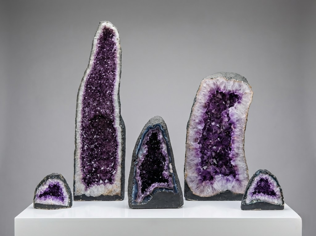 Pair of tall natural amethyst cathedral geodes on carved wooden stands