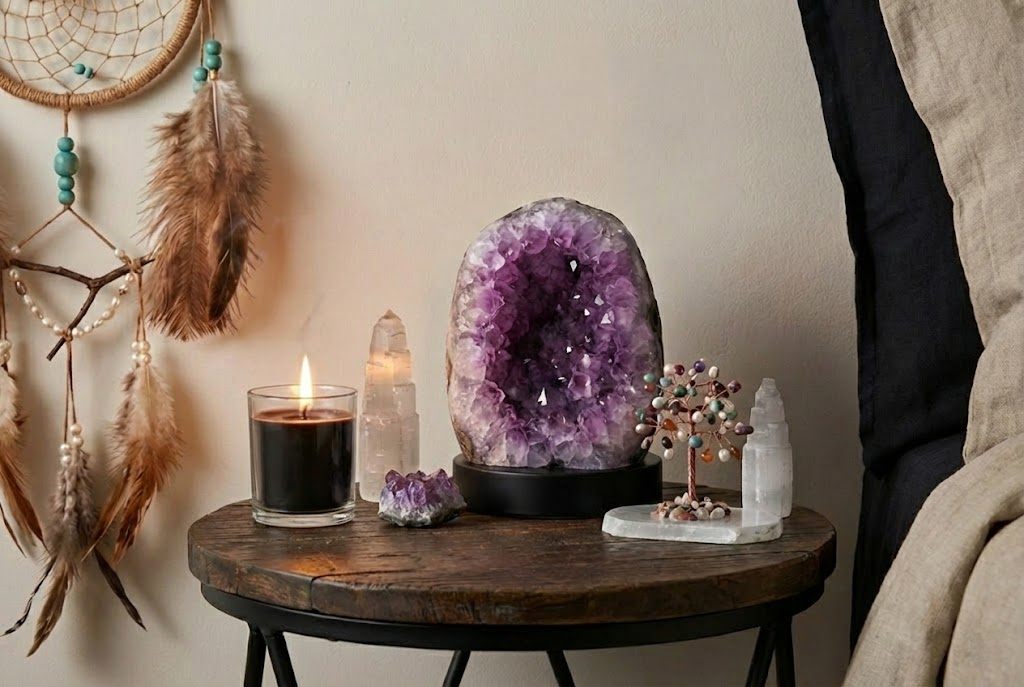 Natural amethyst crystal geode styled on a modern home altar with a black candle and healing crystals