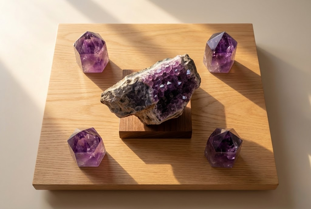 Geometric amethyst crystal grid setup for home energy protection and clearing