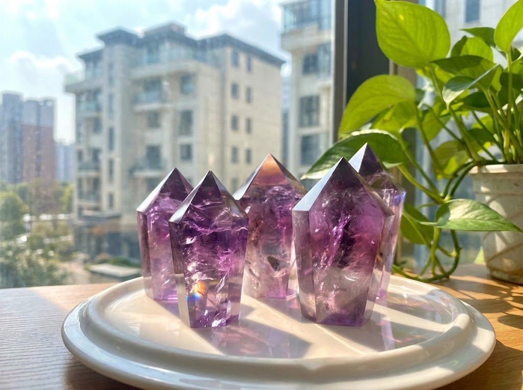Polished amethyst crystal generator towers showing deep purple color