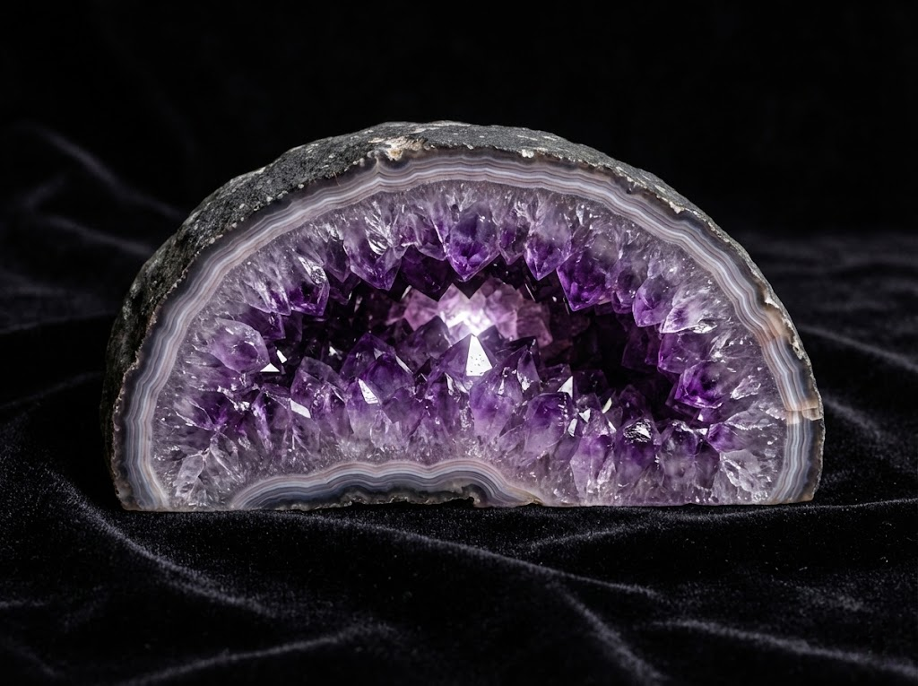 A dramatic cross-section of a natural amethyst geode showing the rough basalt shell and deep purple quartz crystals inside