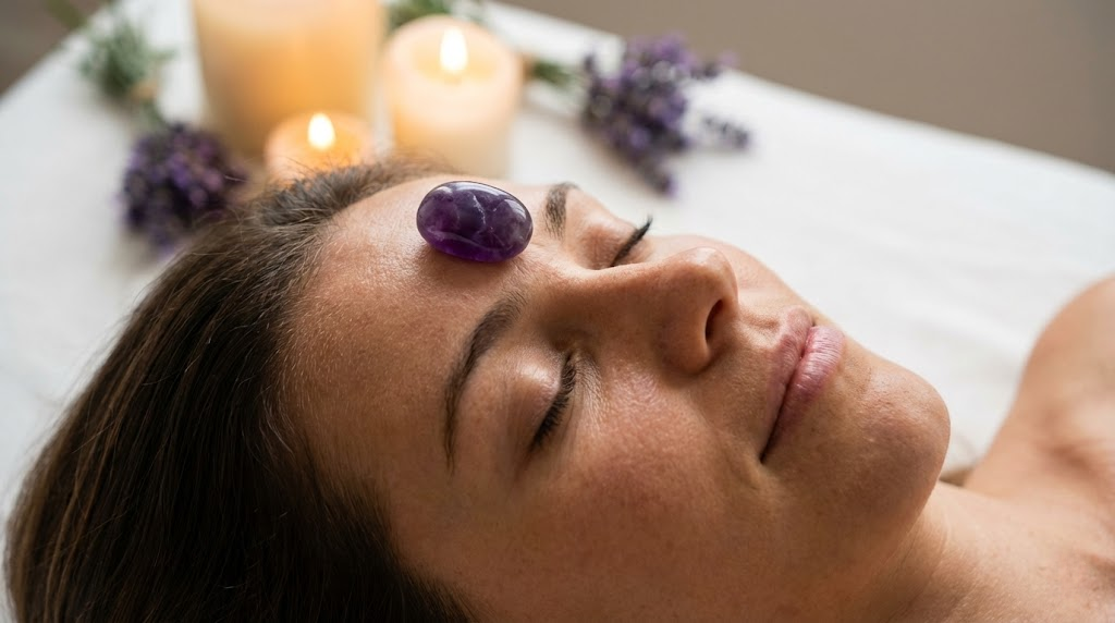 Woman meditating with an amethyst tumbled stone placed on her third eye chakra for healing