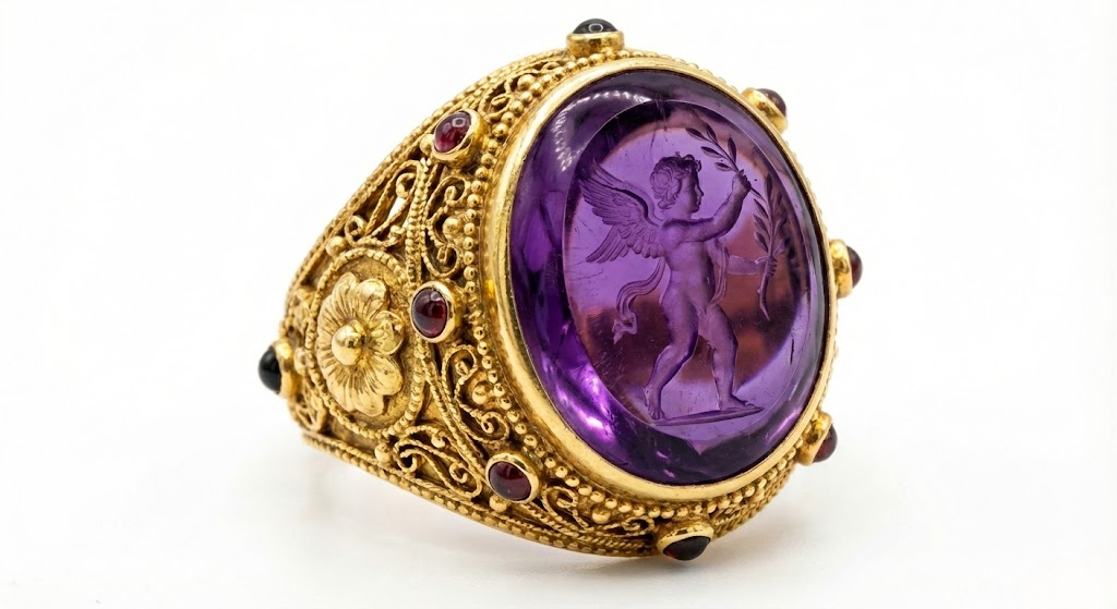 Antique gold ring featuring a carved purple amethyst cupid gemstone