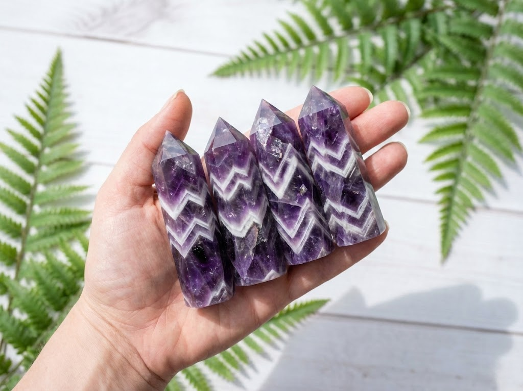Hand holding four chevron amethyst towers with white quartz zigzag bands