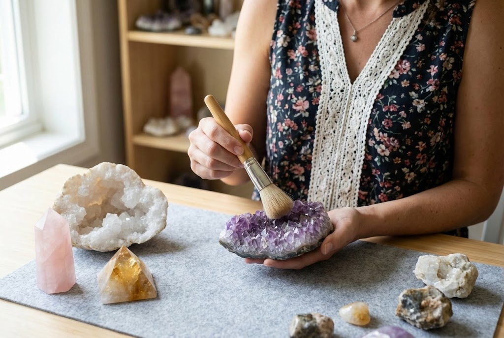 Properly dusting an amethyst cathedral geode with a soft brush