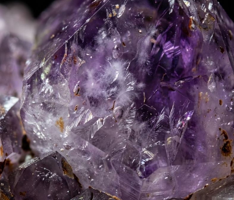 Macro close-up of a raw amethyst crystal revealing beautiful internal inclusions and facets.