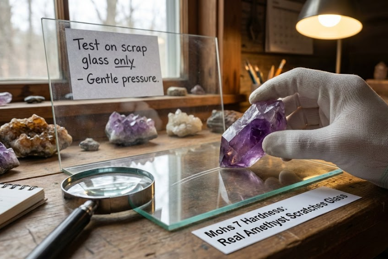 Real amethyst crystal demonstrating Mohs 7 hardness by scratching glass, confirming authenticity.