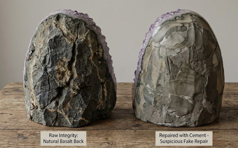 Amethyst crystal geode backs: natural basalt versus repaired with suspicious cement.