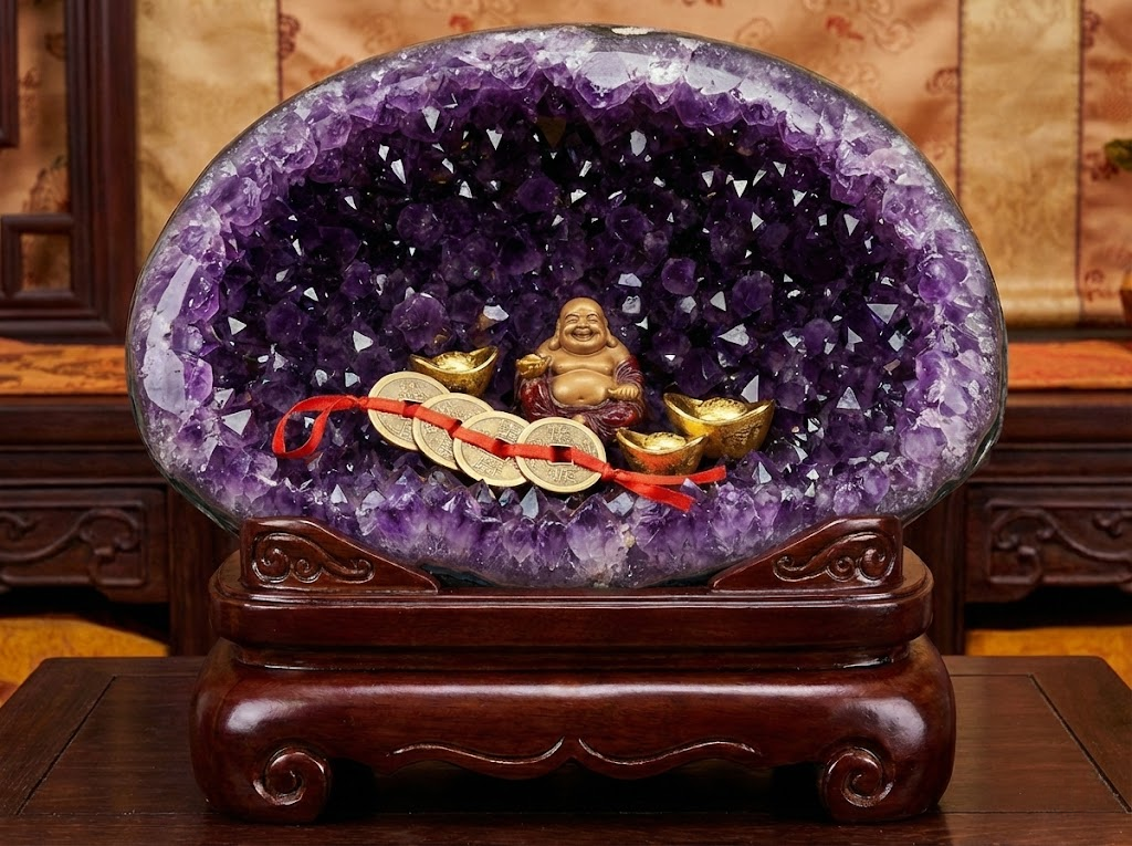Deep concave amethyst geode treasure basin with Feng Shui gold coins