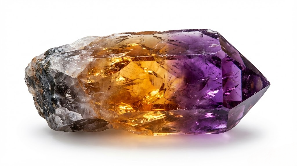 Raw natural ametrine crystal chunk showing purple and orange colors