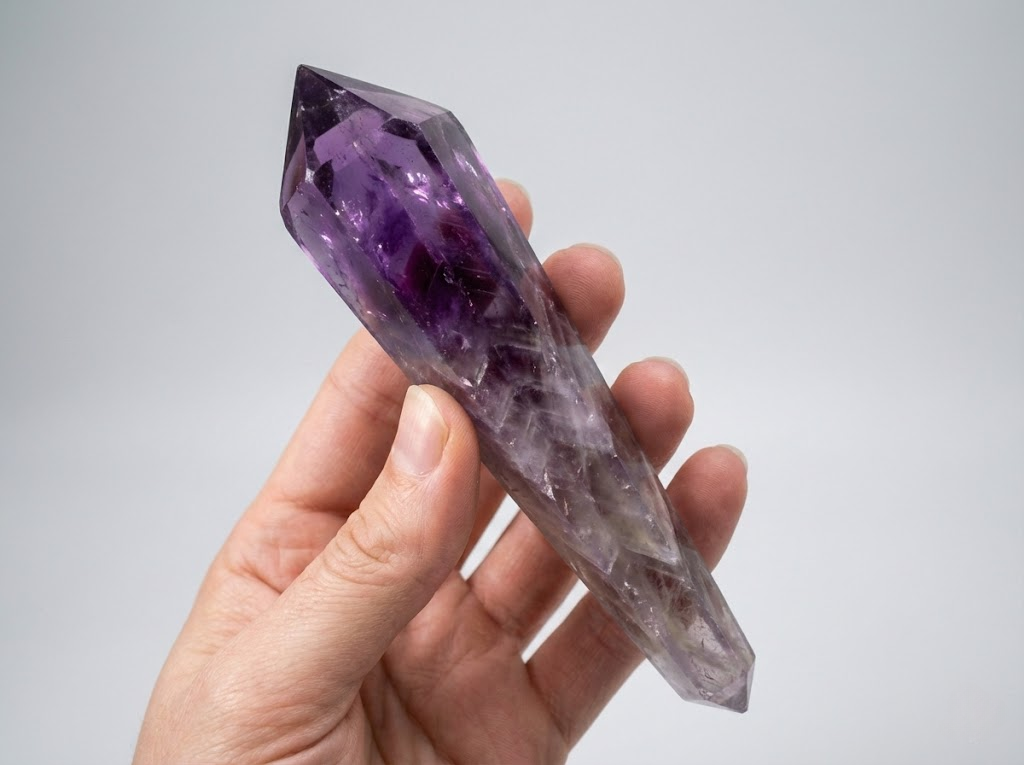 Hand holding a raw amethyst scepter crystal
