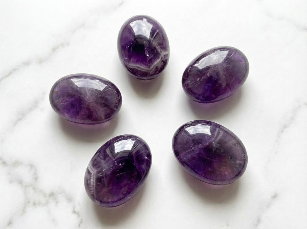 Five smooth polished amethyst palm stones for anxiety relief