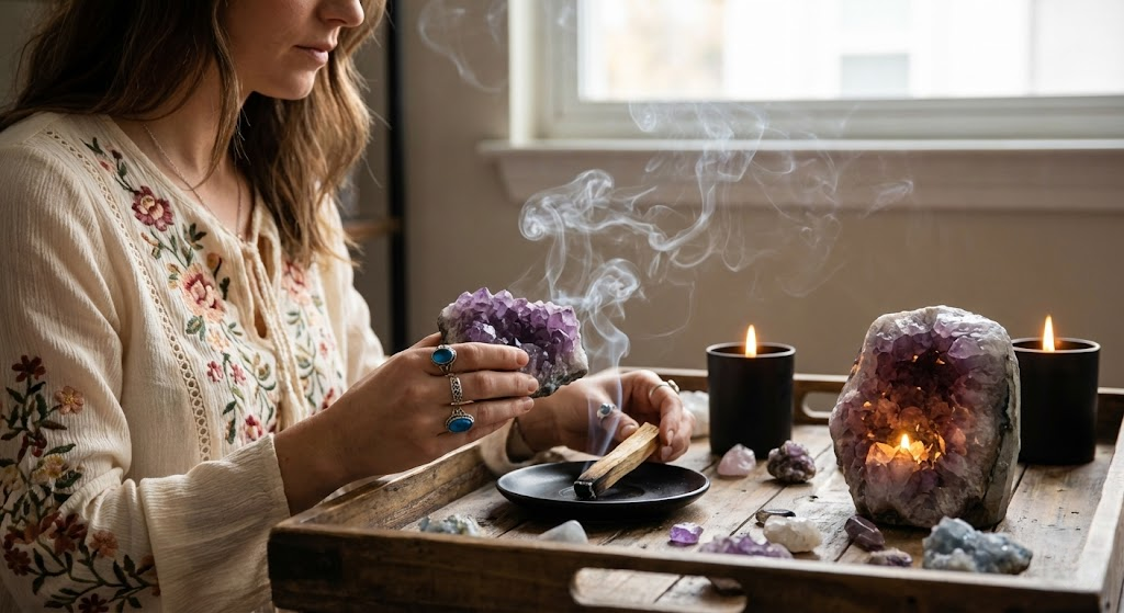 Energetically cleansing an amethyst crystal with white sage smoke