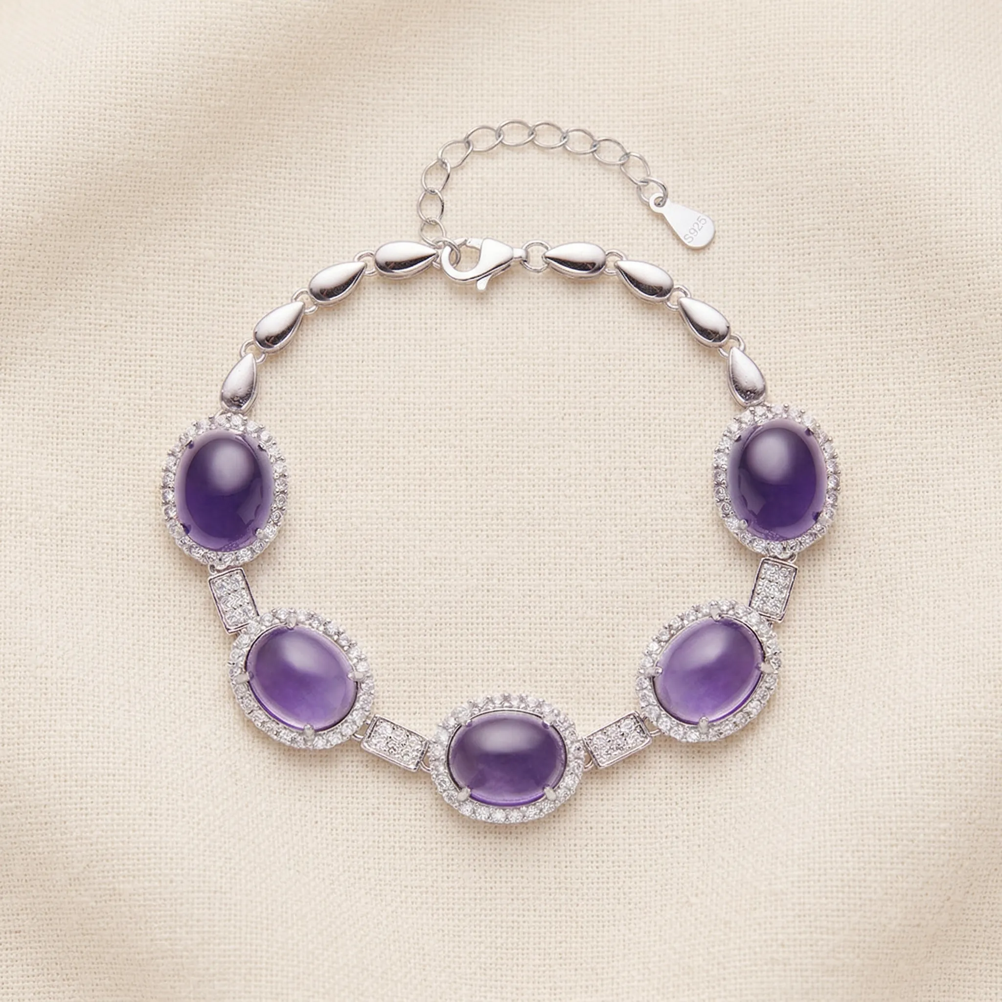 Natural amethyst pave bracelet in 925 sterling silver – sparkling crystal chain, 11.73g
