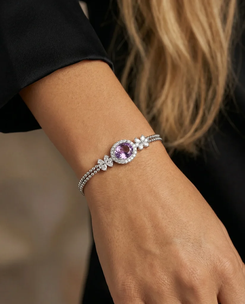 Natural amethyst leaf bracelet in 925 sterling silver – botanical old money style