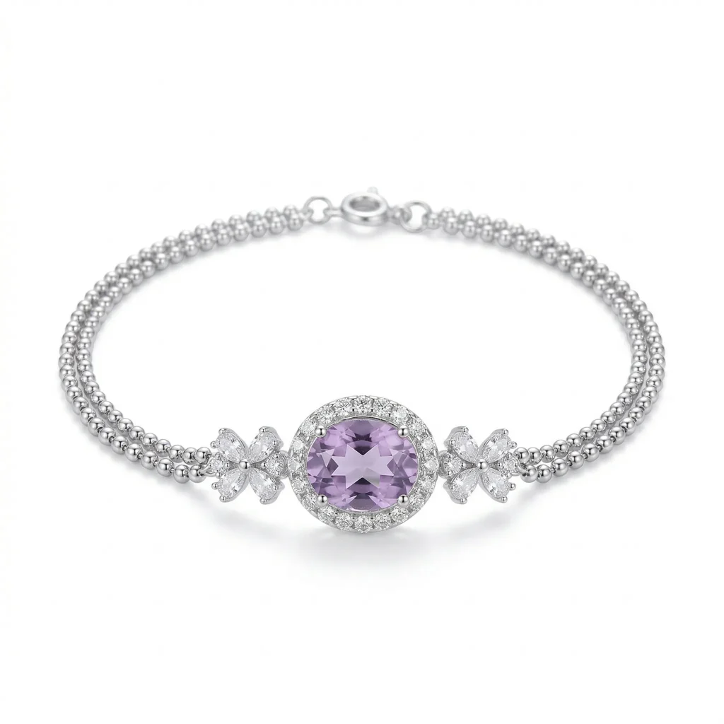 Natural amethyst leaf bracelet in 925 sterling silver – botanical old money style