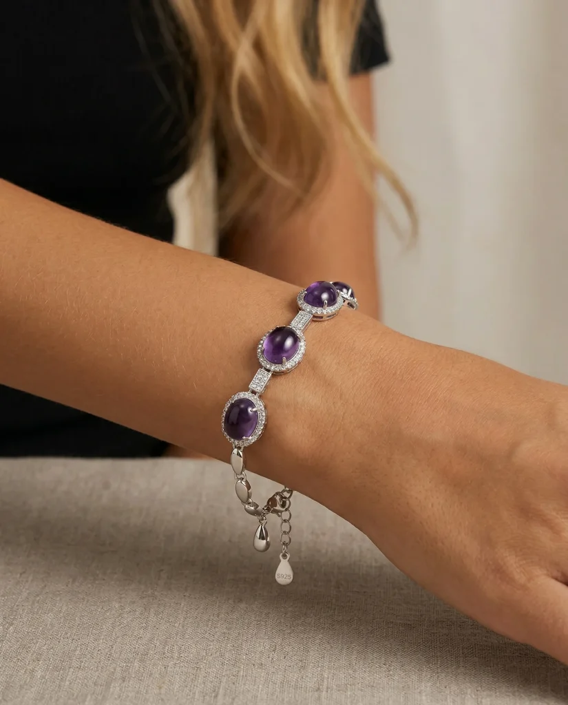 Natural amethyst gemstone stacking bracelet in 925 silver – colorful mixed crystal, gold and silver finish