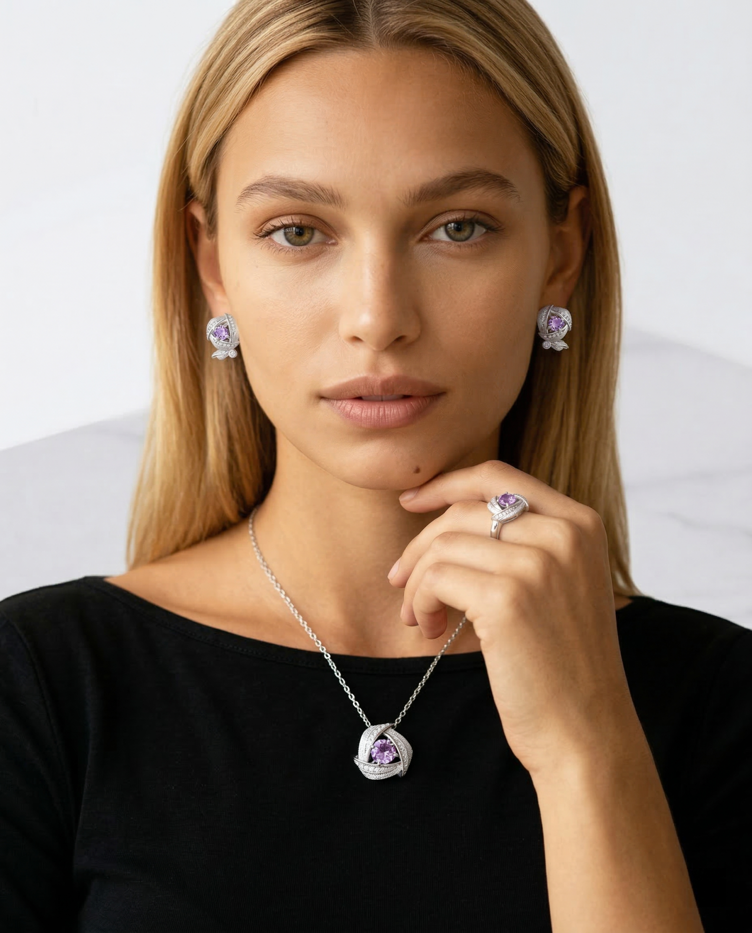Natural amethyst jewelry set — 925 sterling silver necklace, earrings and ring