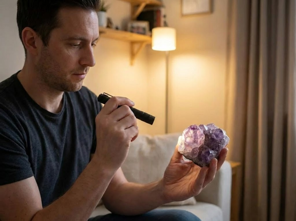 Amethyst is examined under light by a professional tester