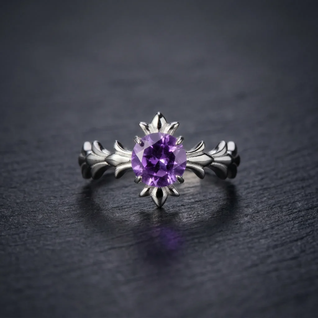 "AAA-grade natural oval amethyst in a vintage Victorian-style sterling silver filigree adjustable ring setting."