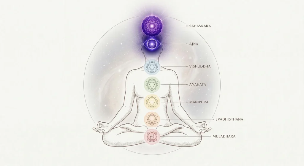 Detailed diagram of 7 human chakras highlighting the Amethyst Third Eye Ajna and Crown Sahasrara energy centers.