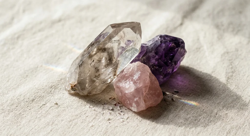 A collection of natural amethyst, clear quartz, and rose quartz for powerful crystal pairing and spiritual amplification.