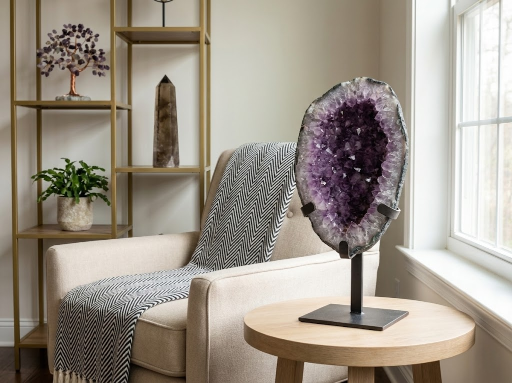 A large purple amethyst geode displayed on a metal stand in a modern, cozy living room, often incorporated into home decor to promote calming amethyst crystal benefits.