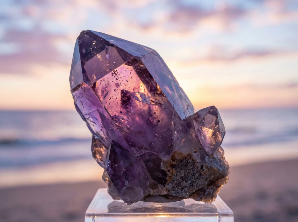 A close-up of a raw, translucent purple amethyst crystal cluster glowing against a soft sunset beach background, highlighting the natural beauty associated with spiritual amethyst crystal benefits.