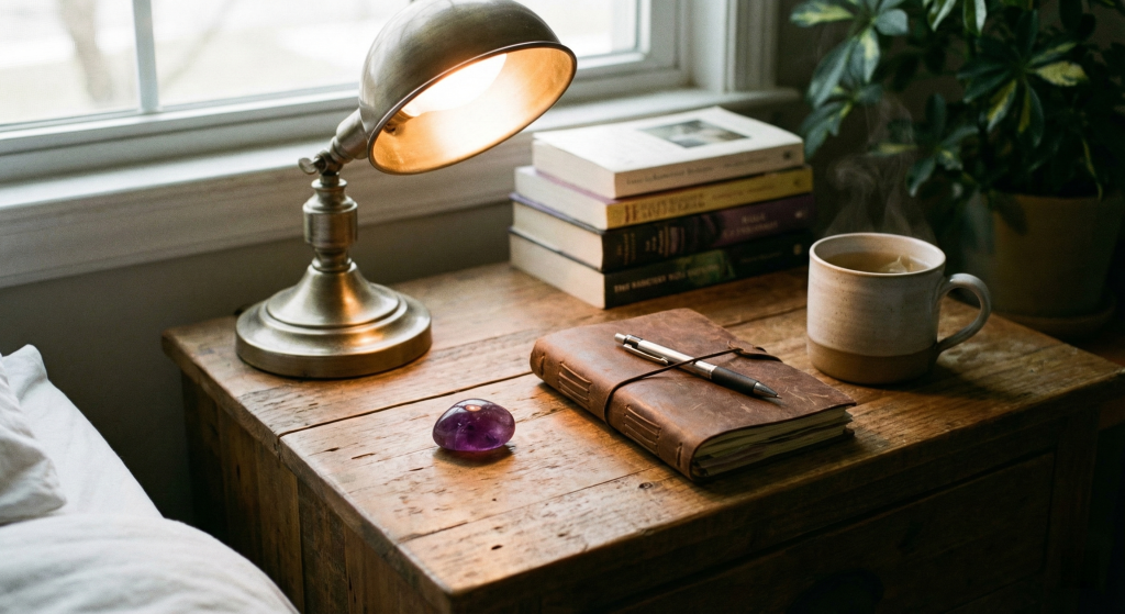 A small polished amethyst stone resting on a wooden nightstand beside a leather journal and a glowing lamp, setting a peaceful mood to enhance amethyst crystal benefits for relaxation and sleep.