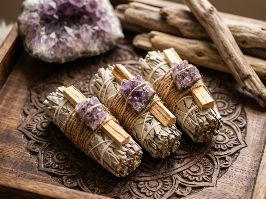 Three white sage smudge sticks bundled with palo santo wood and small purple crystals on an ornately carved wooden tray, combining energy cleansing rituals with amethyst crystal benefits.