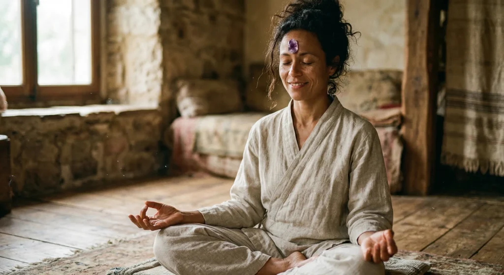 piritual practitioner meditating with a raw amethyst crystal cluster placed on the forehead to activate the Third Eye chakra.