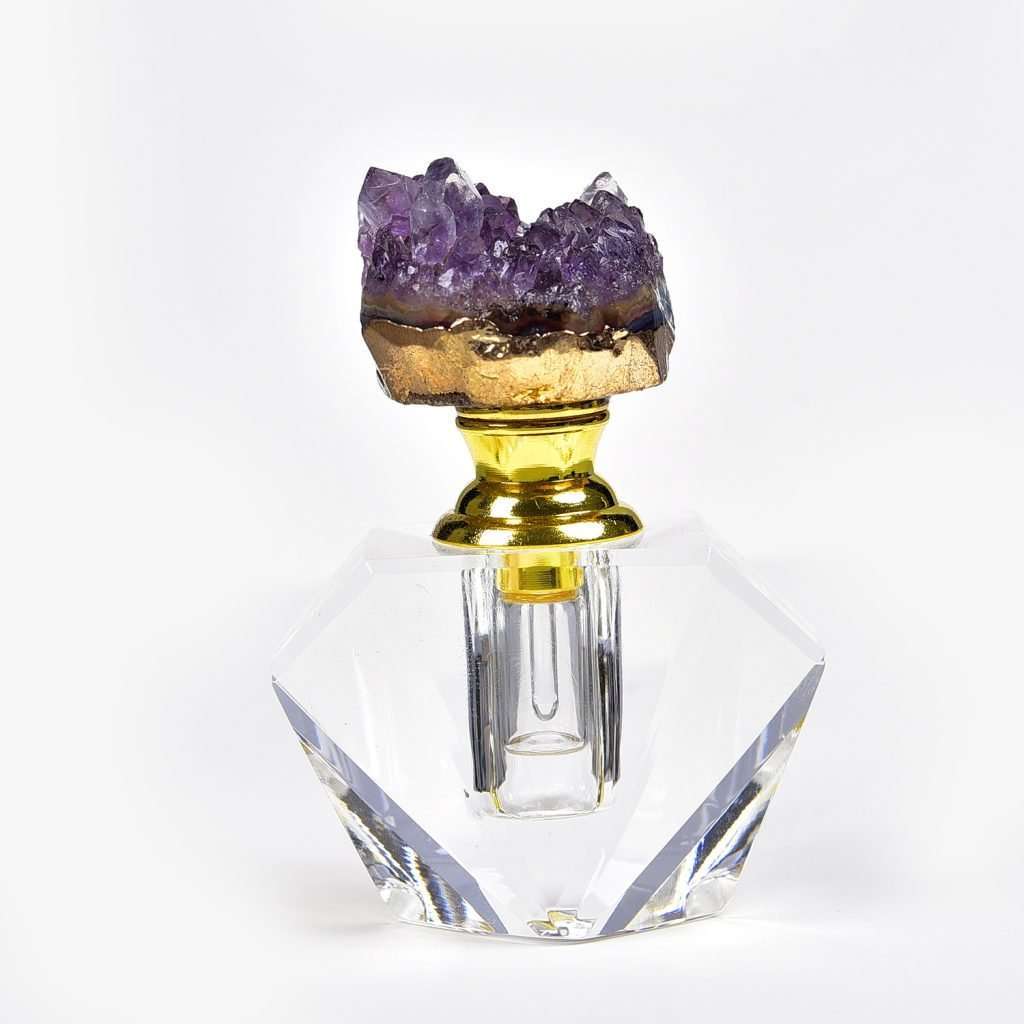 Natural Raw Amethyst Crystal Perfume Bottle with Gold Accents and Faceted Glass