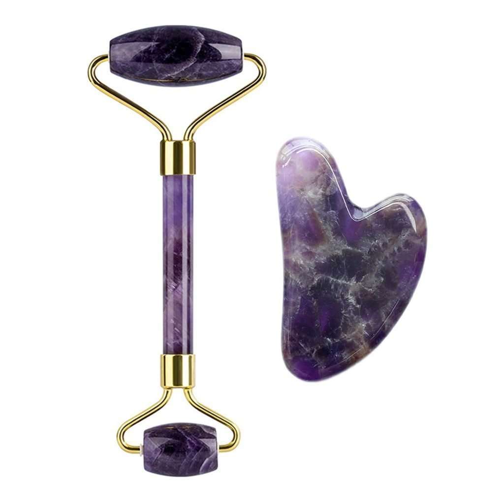 Natural Amethyst Face Roller and Gua Sha Set with Gold Accents for Skincare