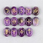 13-Piece Natural Amethyst Witch Rune Stones Set with Hand-Engraved Gold Symbols for Divination