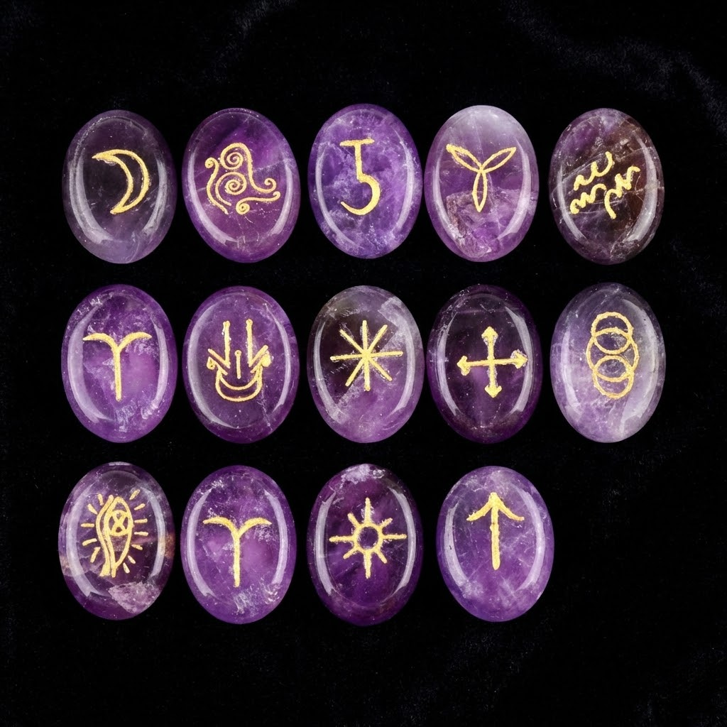 13-Piece Natural Amethyst Witch Rune Stones Set