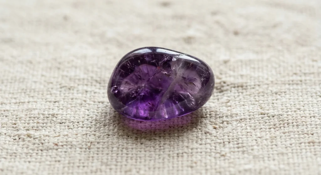 Close-up of an authentic tumbled amethyst stone showing natural color zoning and high-grade purple saturation.