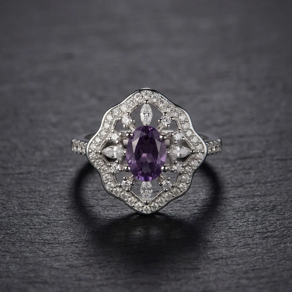 Stunning Boho Amethyst Ring featuring a natural oval crystal in an intricate S925 sterling silver vintage filigree setting.