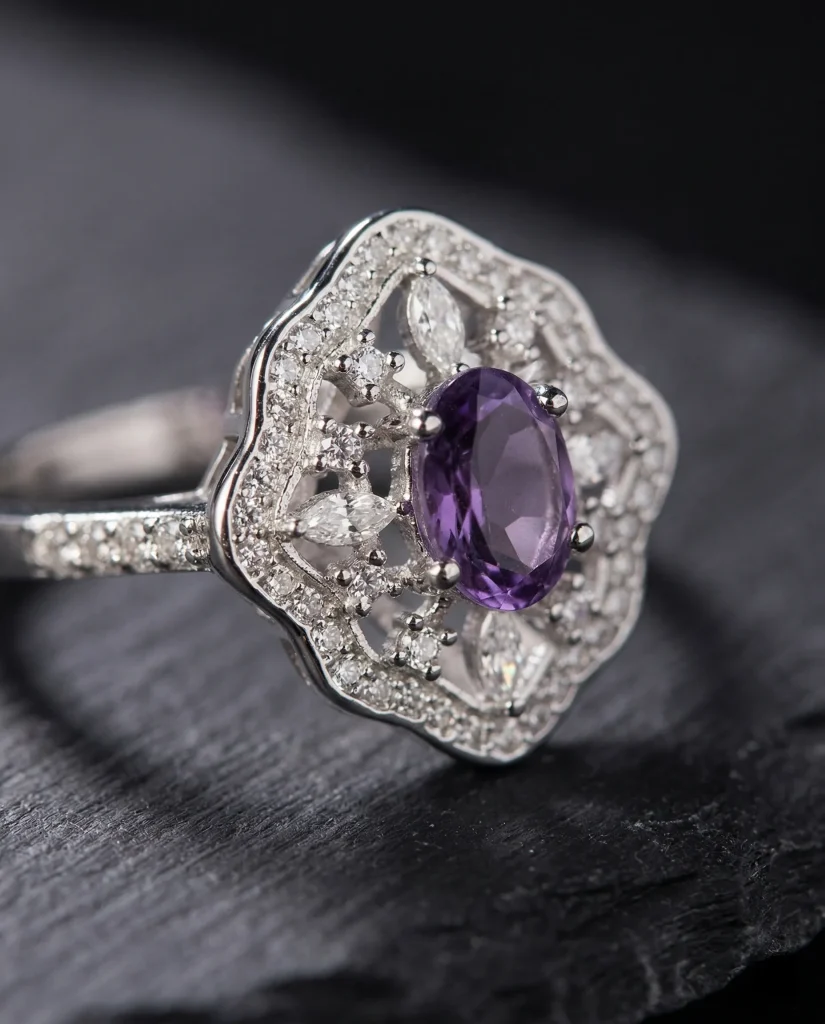 Stunning Boho Amethyst Ring featuring a natural oval crystal in an intricate S925 sterling silver vintage filigree setting.