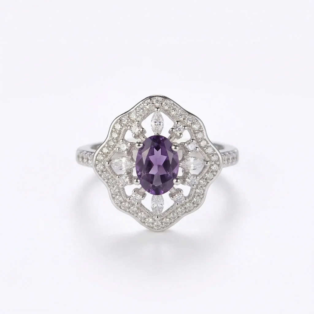 Stunning Boho Amethyst Ring featuring a natural oval crystal in an intricate S925 sterling silver vintage filigree setting.