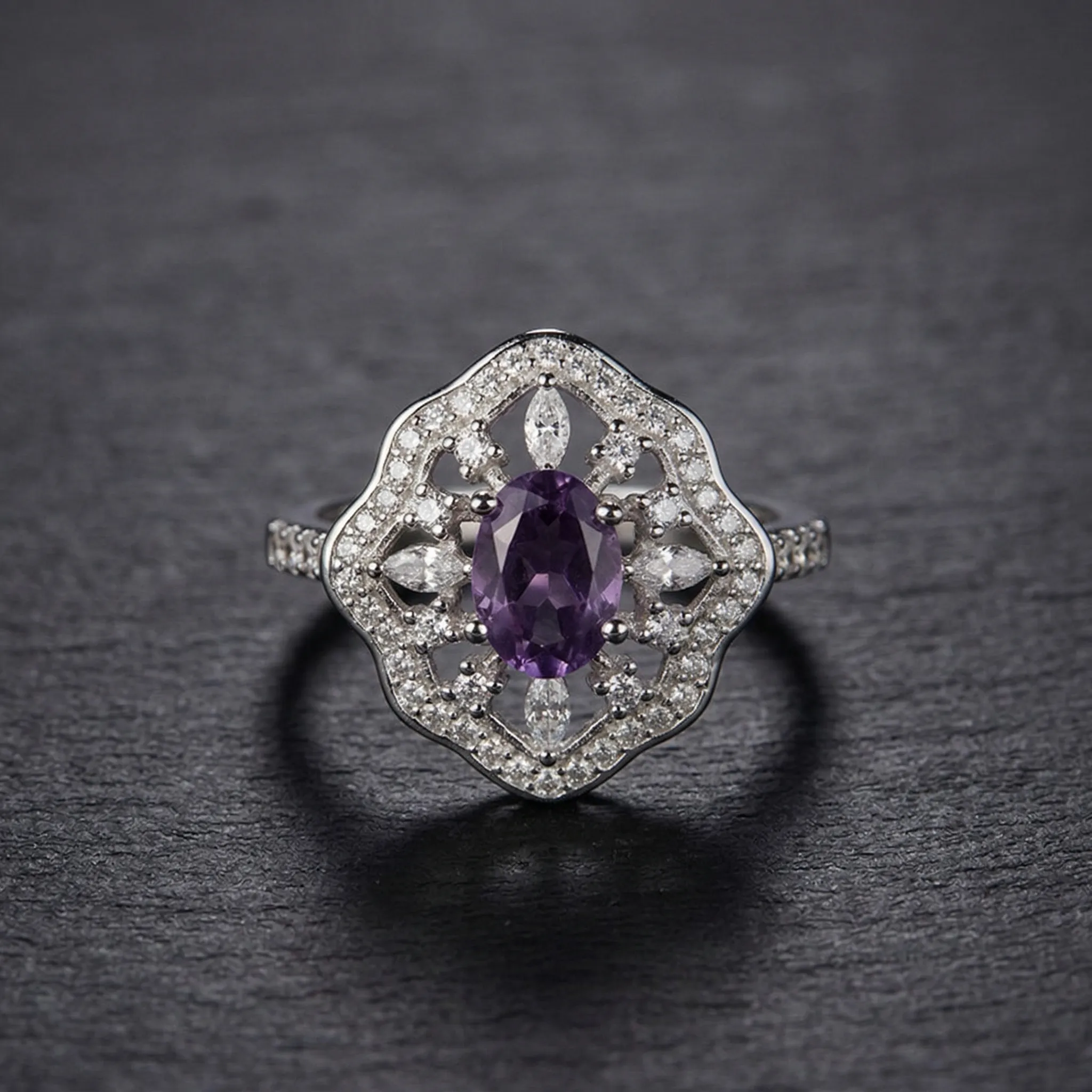 Stunning Boho Amethyst Ring featuring a natural oval crystal in an intricate S925 sterling silver vintage filigree setting.