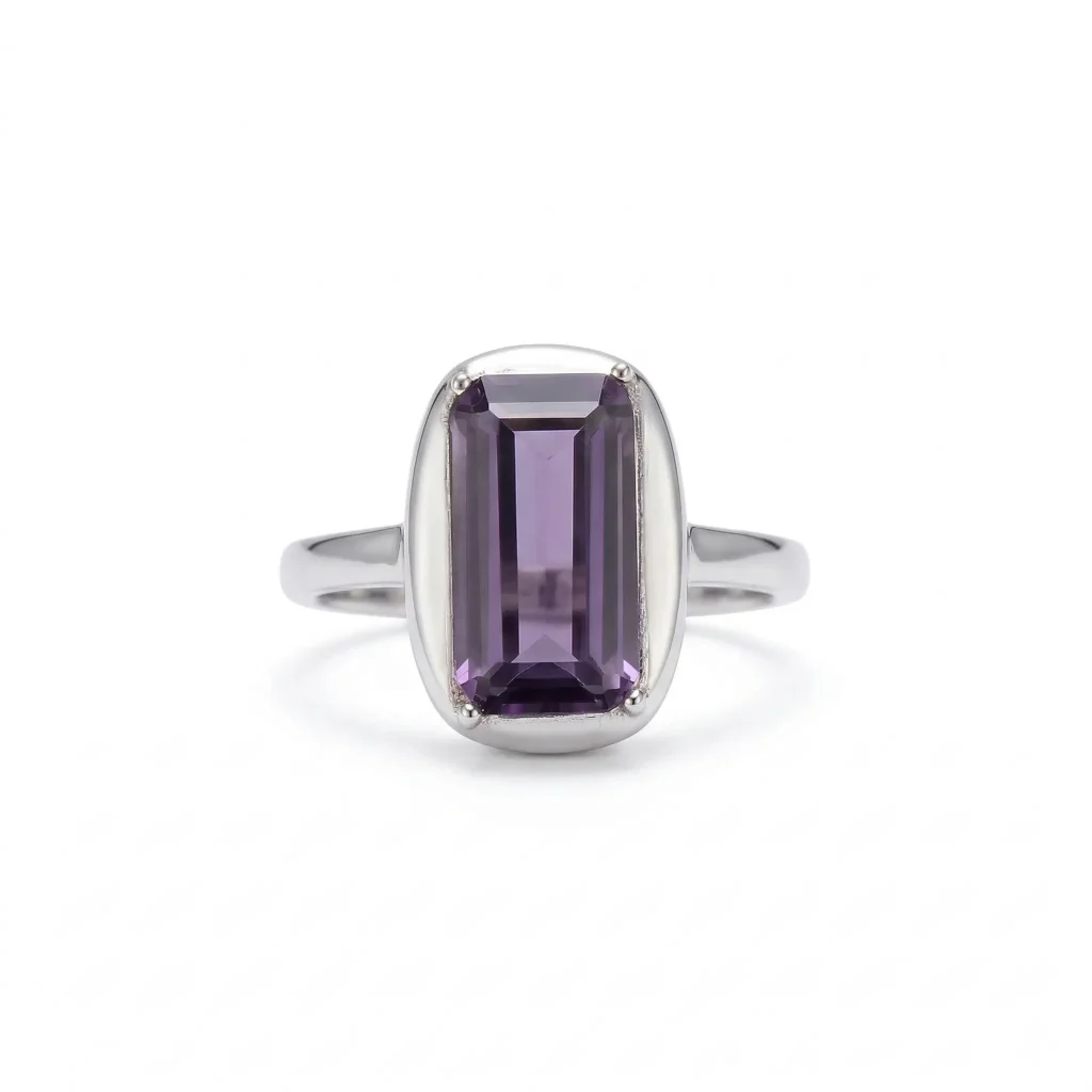Classic Amethyst Solitaire Ring featuring a brilliant-cut natural purple gemstone in a vintage-textured 925 sterling silver adjustable setting.