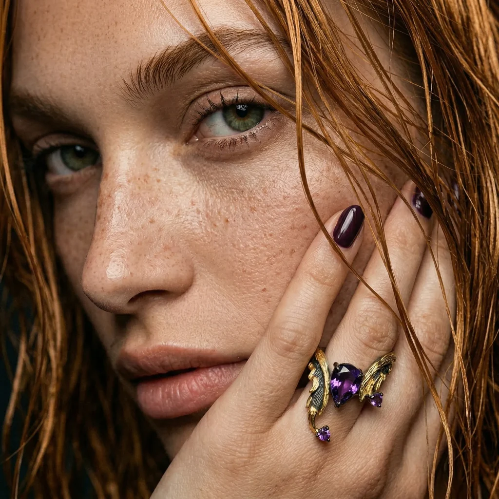 Close-up shot of a model wearing 'The Dark Renaissance' Dark Aesthetic Amethyst Ring, demonstrating its dramatic gothic allure and artisan character.