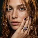 Alternative model view of 'The Dark Renaissance' Dark Aesthetic Amethyst Ring, capturing the mysterious and moody elegance of the black and gold plated finish.