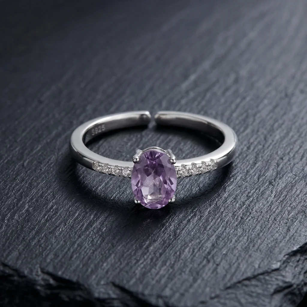 Stunning Ethereal Purple Amethyst Ring featuring a light misty violet gemstone in a multi-prong S925 sterling silver adjustable setting.