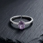 Stunning Ethereal Purple Amethyst Ring featuring a light misty violet gemstone in a multi-prong S925 sterling silver adjustable setting.